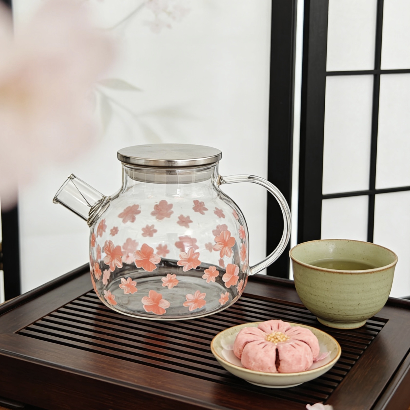 High borosilicate glass printed teapot, high-temperature resistant electric ceramic stove heating decal cup, tea and water separation flower teapot Specification image