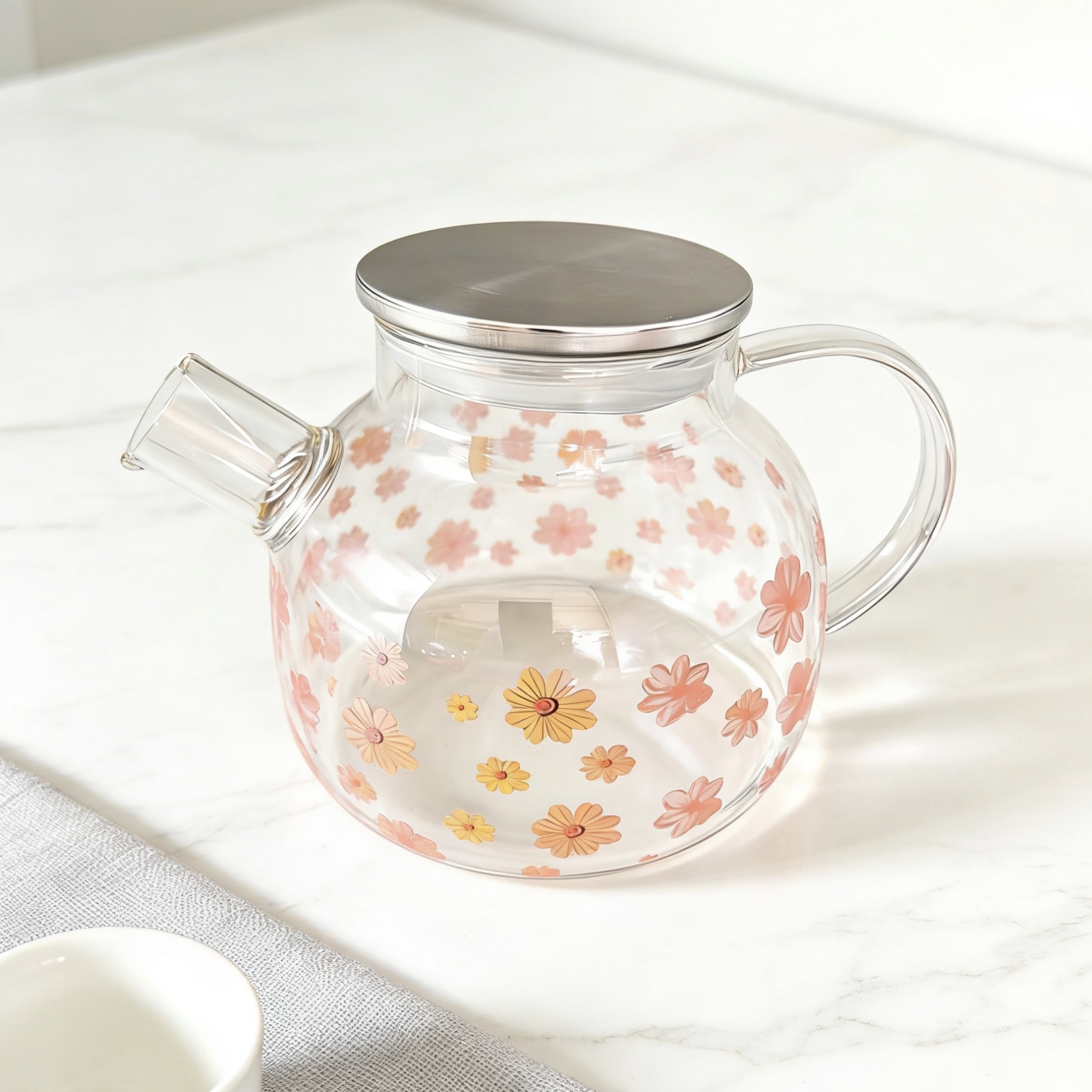 High borosilicate glass printed teapot, high-temperature resistant electric ceramic stove heating decal cup, tea and water separation flower teapot