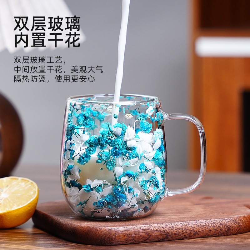 Ins-style new products: Double-layer high borosilicate glass cups with dried flowers, office, bar and home mark coffee cups detail image 5