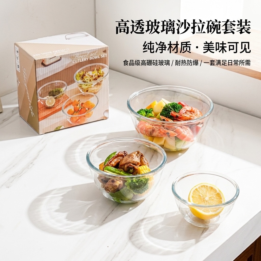 High-temperature resistant transparent glass bowl thickened and microwave-safe high borosilicate glass large household salad bowl