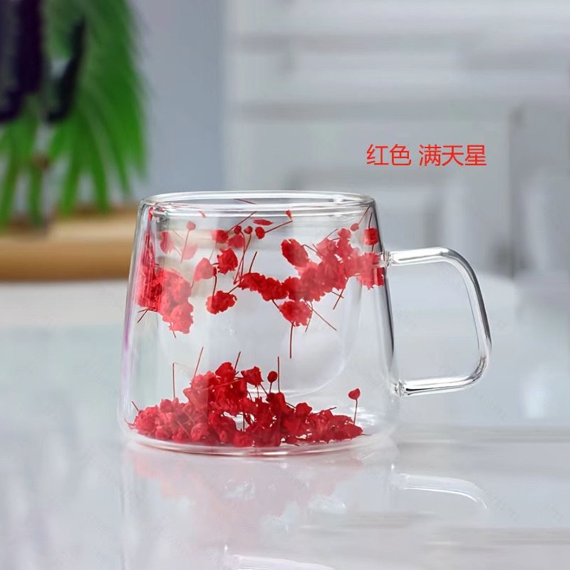 网红真花双层玻璃杯高颜值伴手礼高硼硅双层牛奶杯双层干花咖啡杯产品图