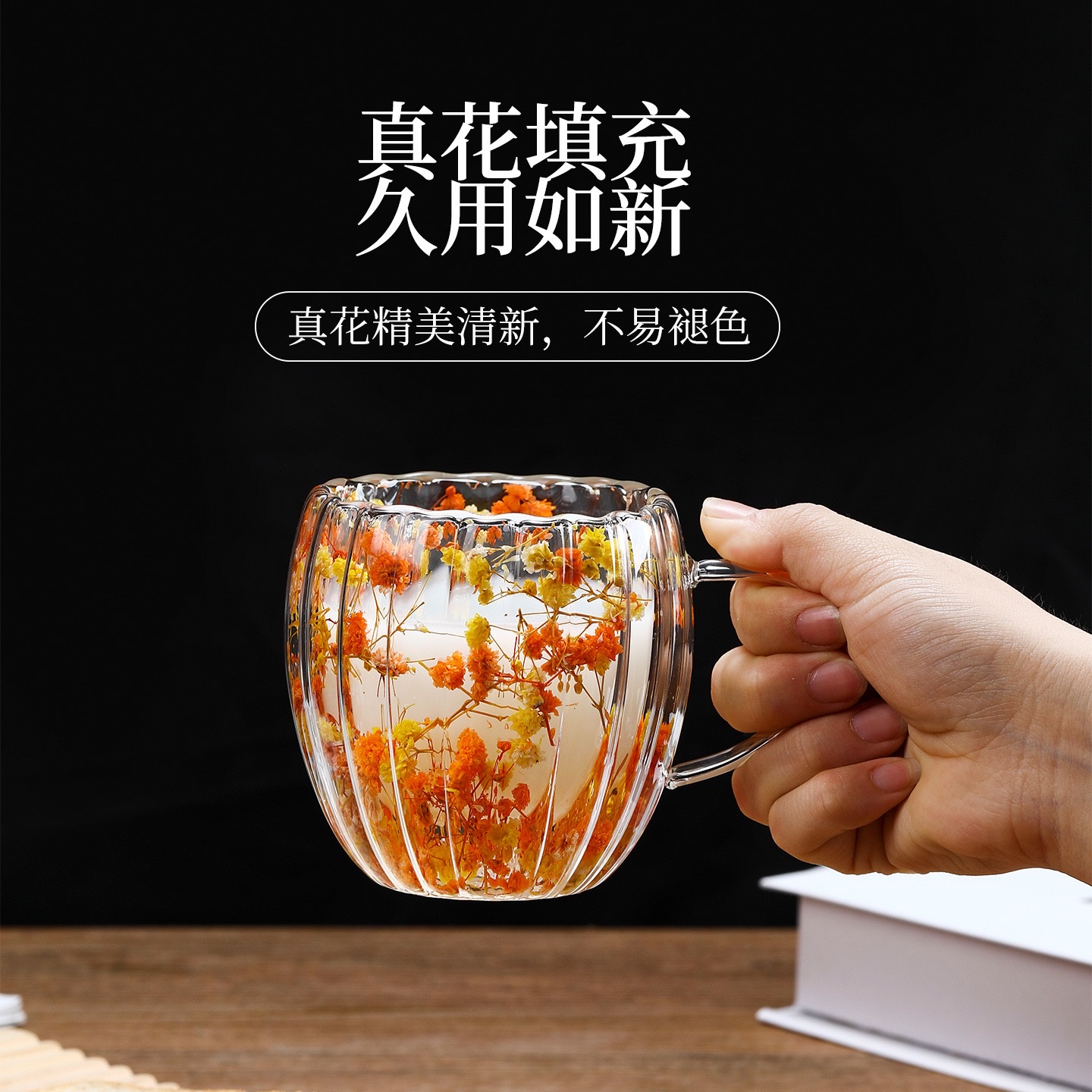 Cross-border new product: Genuine flower double-layer glass cup, high appearance level, coffee cup with handle, heat-resistant and heat-insulating high borosilicate glass cup detail image 4