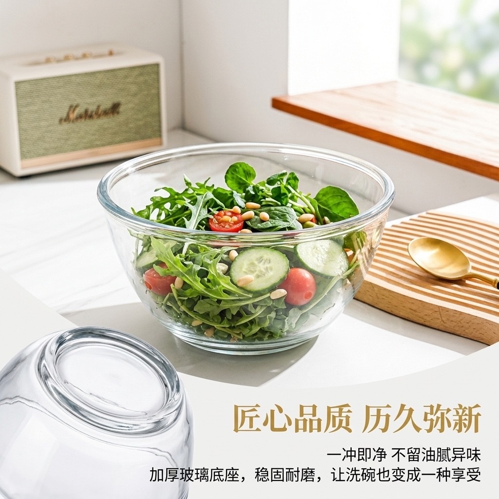 High-temperature resistant transparent glass bowl thickened and microwave-safe high borosilicate glass large household salad bowl Specification image