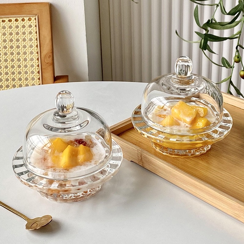 Glass dessert bowl with lid, transparent bird's nest bowl, household fruit snack sugar water cup, autumn pear and silver ear, exquisite small soup cup detail image 6