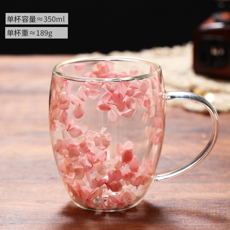 New product, popular petal new style cup, high appearance level, cross-border real flower double-layer glass cup, creative high borosilicate glass cup detail image 4