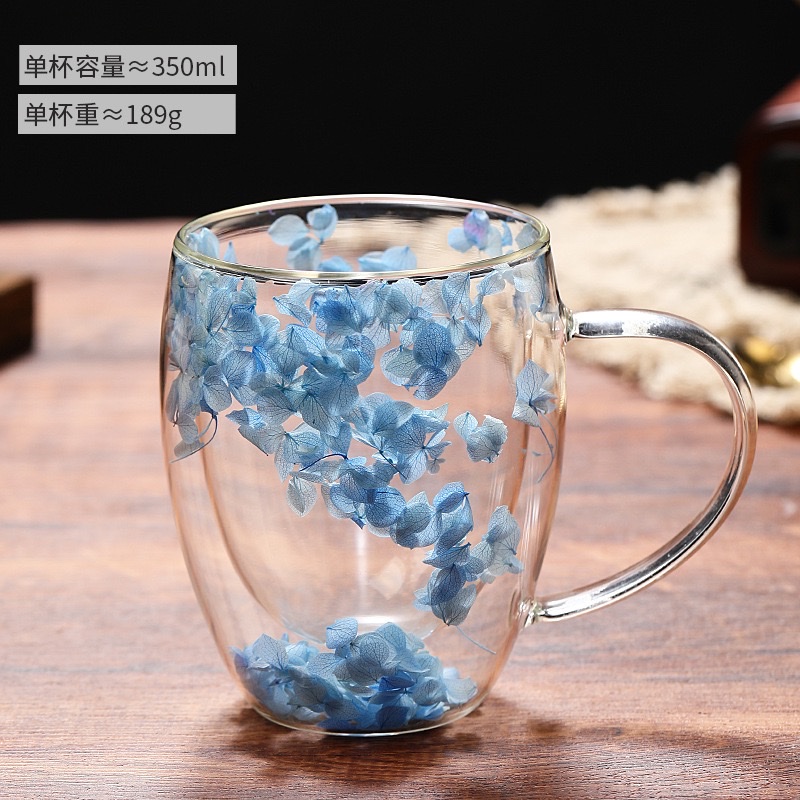 New product, popular petal new style cup, high appearance level, cross-border real flower double-layer glass cup, creative high borosilicate glass cup detail image 5