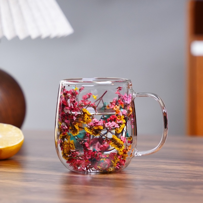 Ins-style new products: Double-layer high borosilicate glass cups with dried flowers, office, bar and home mark coffee cups detail image 8