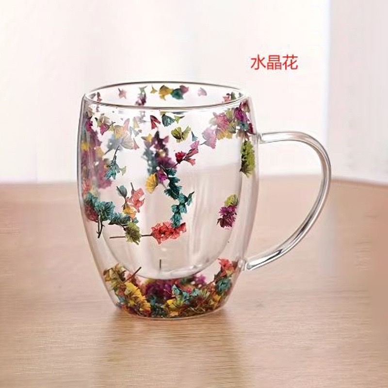 网红真花双层玻璃杯高颜值伴手礼高硼硅双层牛奶杯双层干花咖啡杯详情图4