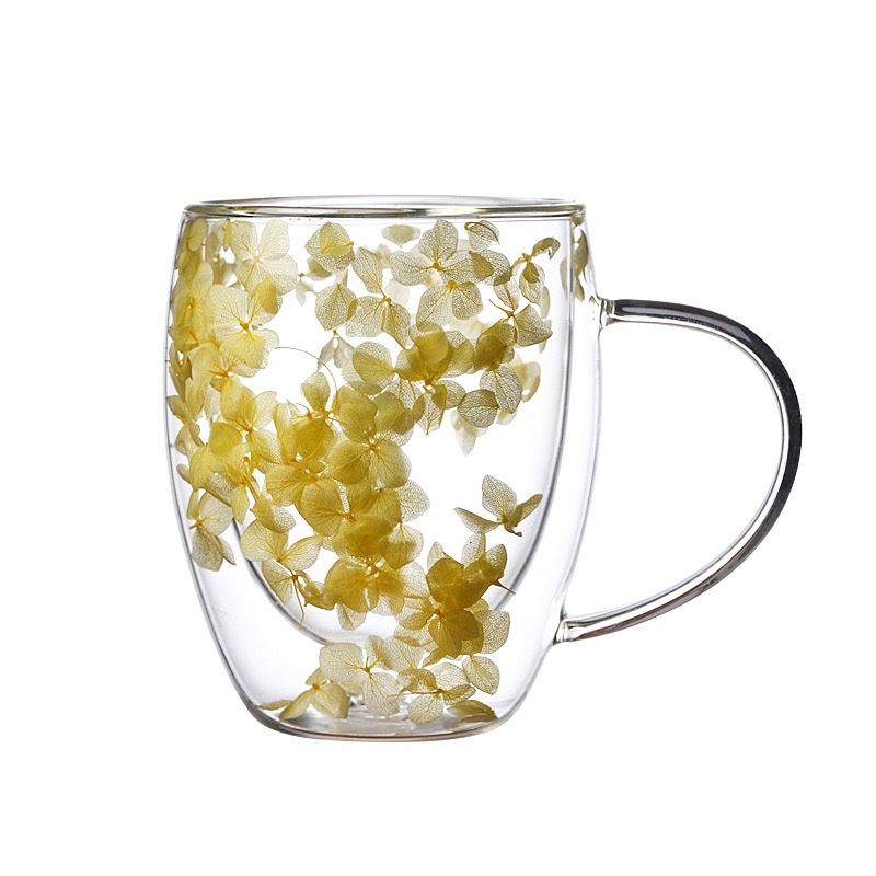 New product, popular petal new style cup, high appearance level, cross-border real flower double-layer glass cup, creative high borosilicate glass cup Application Scenario