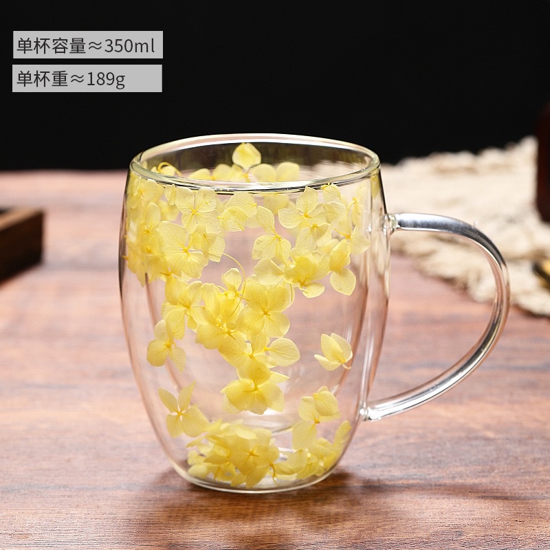 New product, popular petal new style cup, high appearance level, cross-border real flower double-layer glass cup, creative high borosilicate glass cup detail image 7
