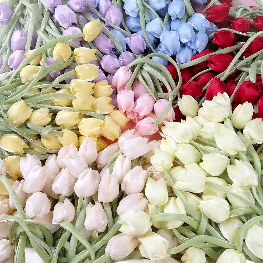 Handmade flower mesh yarn tulip flower knotted and sewn three-dimensional handmade flower filling cotton bud hair accessory details Picture
