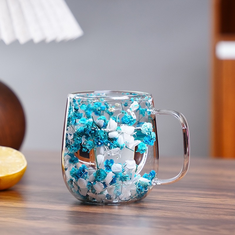 Ins-style new products: Double-layer high borosilicate glass cups with dried flowers, office, bar and home mark coffee cups detail image 7