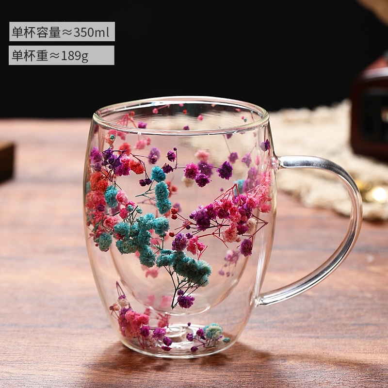 New product, popular petal new style cup, high appearance level, cross-border real flower double-layer glass cup, creative high borosilicate glass cup detail image 6