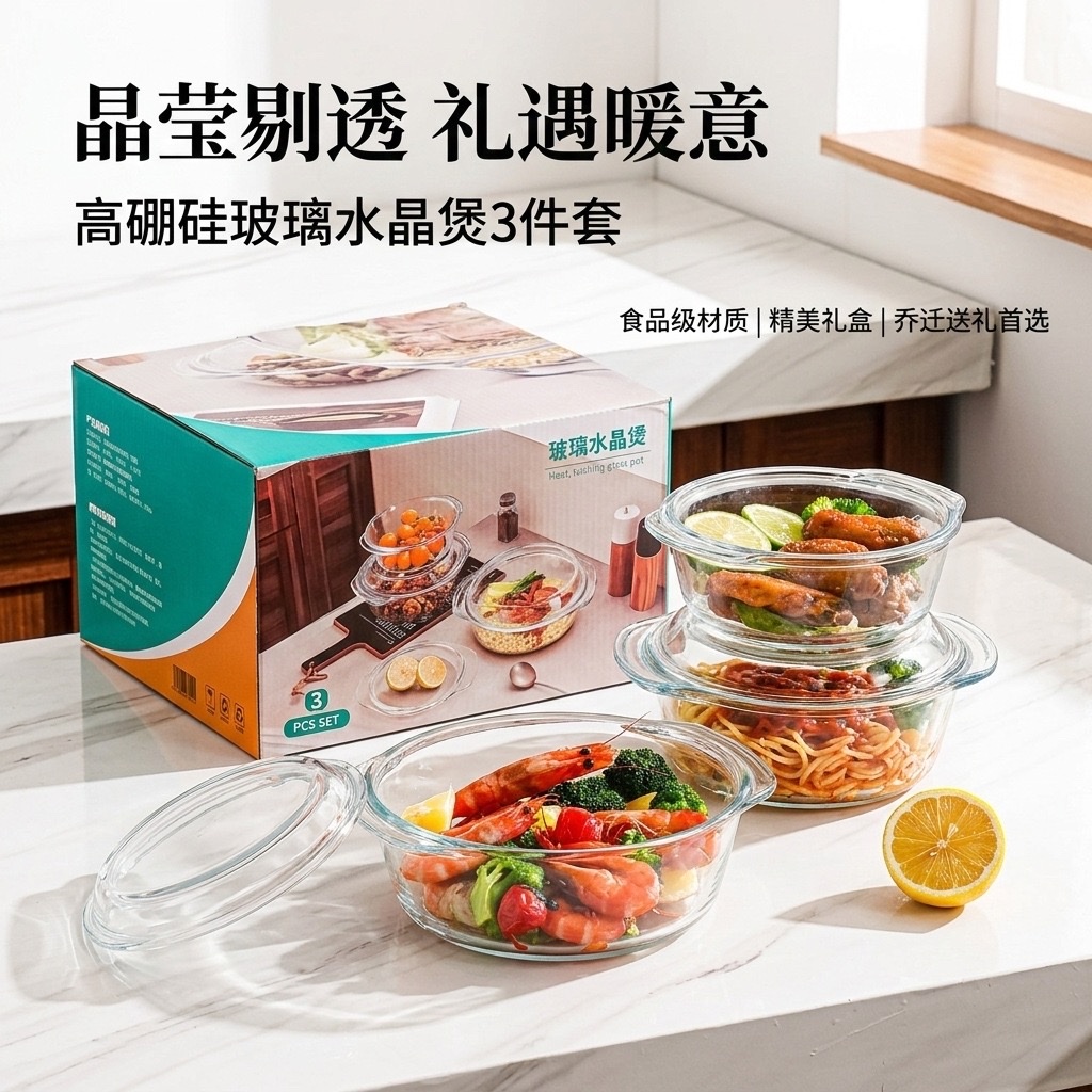 微波炉耐热玻璃碗热饭水晶煲专用器皿带盖餐具烘焙碗家用泡面汤煲