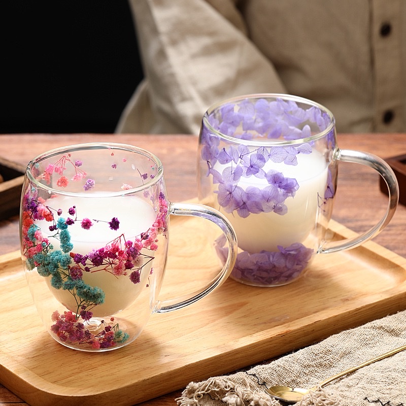 New product, popular petal new style cup, high appearance level, cross-border real flower double-layer glass cup, creative high borosilicate glass cup detail image 3
