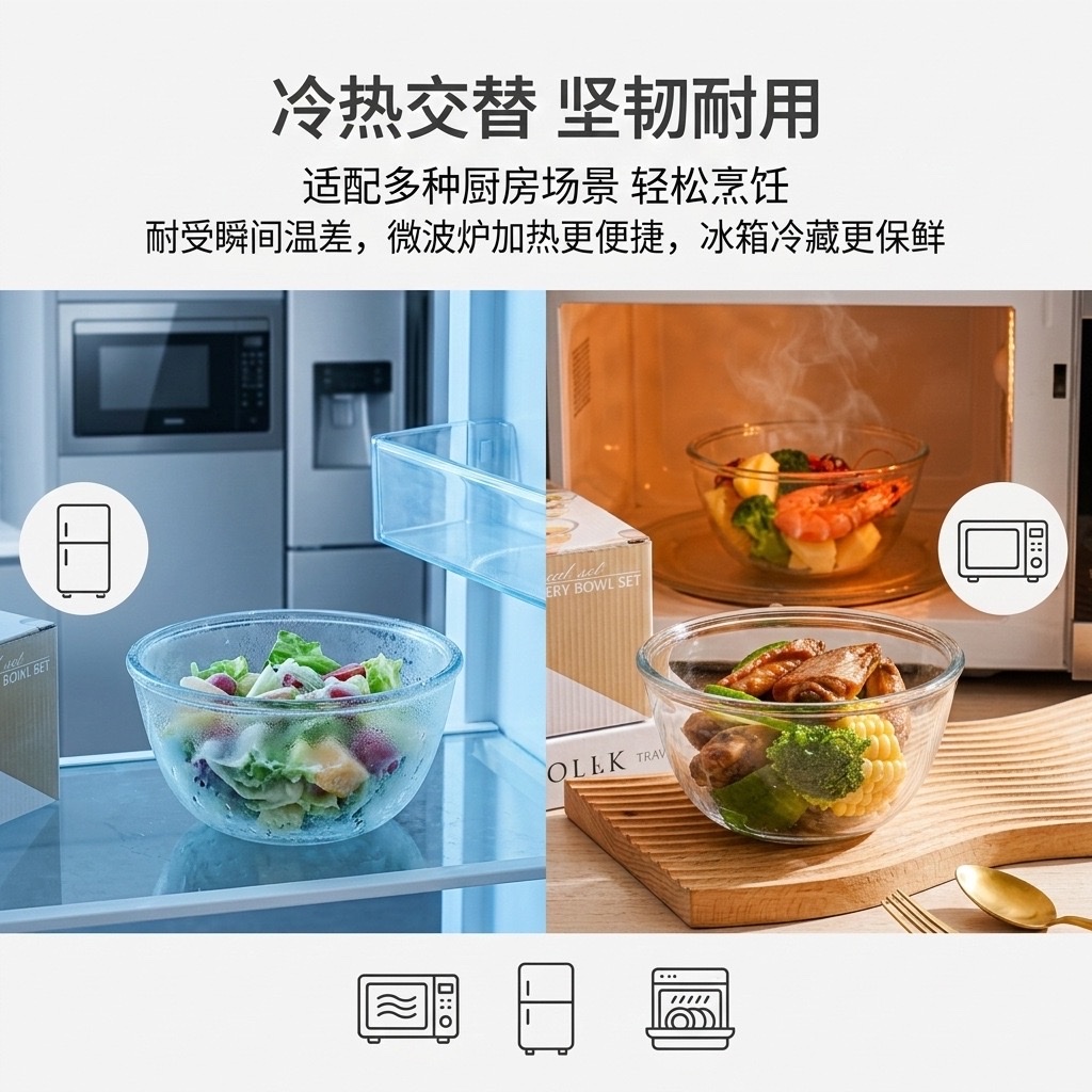High-temperature resistant transparent glass bowl thickened and microwave-safe high borosilicate glass large household salad bowl detail image 7