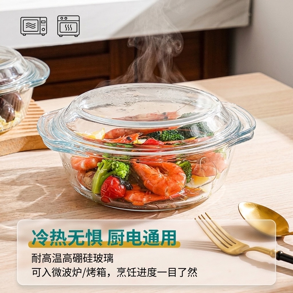 Microwave heat-resistant glass bowl, special utensils for heating rice, crystal pot, covered tableware, baking bowl, household instant noodle soup pot Specification image