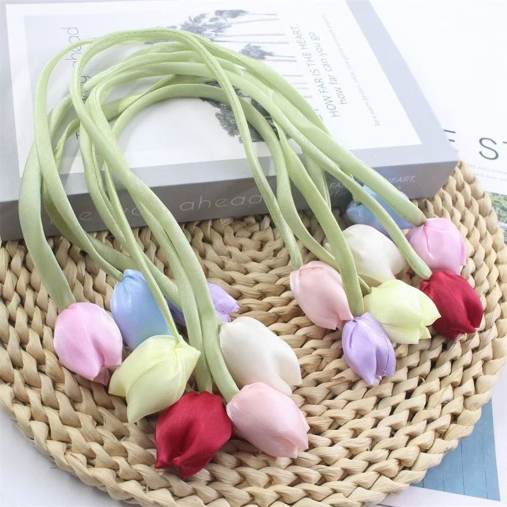 Handmade flower mesh yarn tulip flower knotted and sewn three-dimensional handmade flower filling cotton bud hair accessory