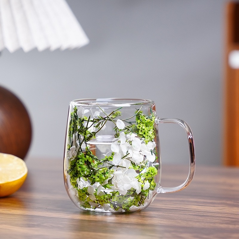 Ins-style new products: Double-layer high borosilicate glass cups with dried flowers, office, bar and home mark coffee cups detail image 6
