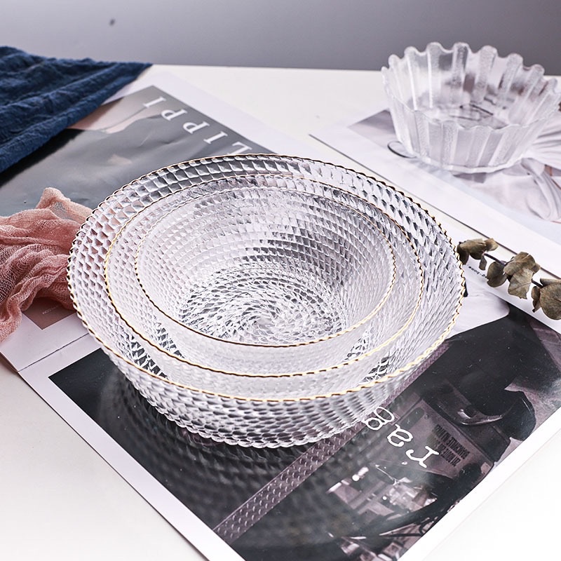 Wholesale of 2025 new style glass salad bowls with high appearance standards, Japanese-style golden-edge fruit platters, and household dessert soup bowl sets