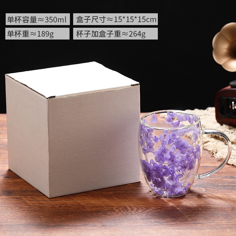 New product, popular petal new style cup, high appearance level, cross-border real flower double-layer glass cup, creative high borosilicate glass cup detail image 8