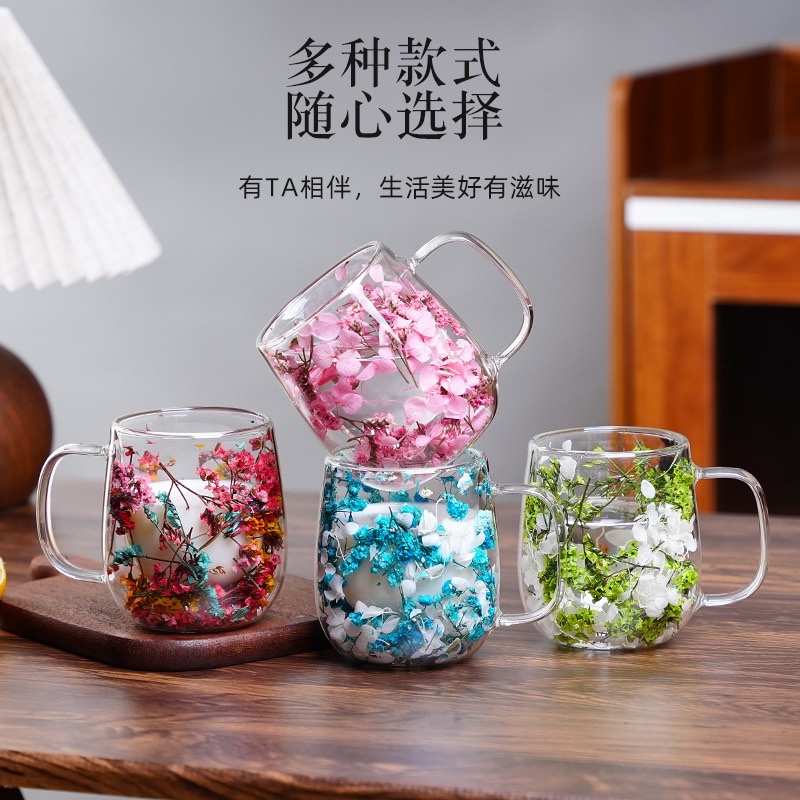 Ins-style new products: Double-layer high borosilicate glass cups with dried flowers, office, bar and home mark coffee cups Specification image