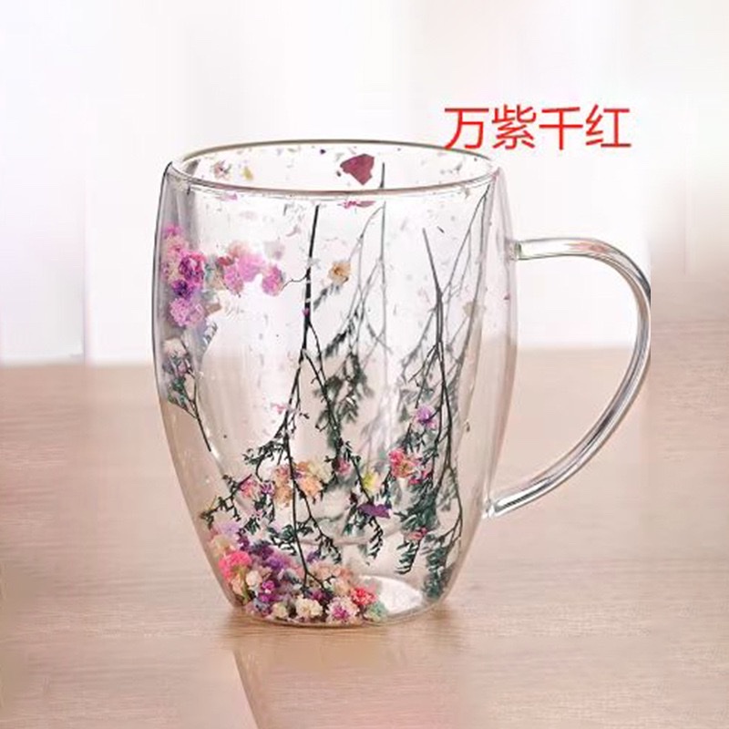 Popular online celebrity double-layered glass cups with real flowers, high appearance level, souvenirs, high borosilicate double-layered milk cups, double-layered dried flower coffee cups