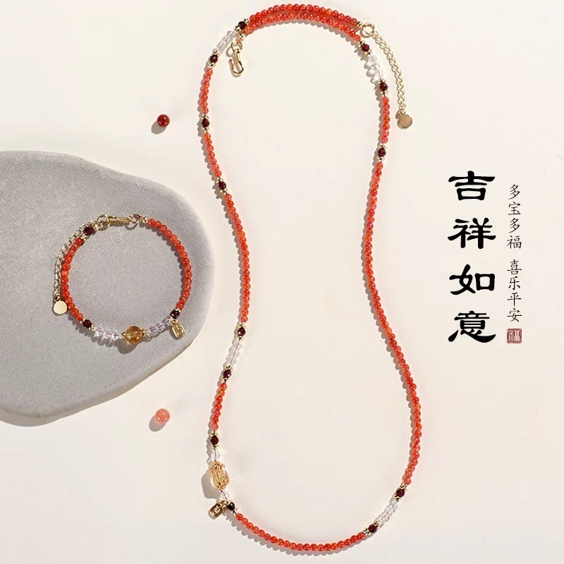 普陀山天然满肉南红柿子红小米珠手链女新中式白水晶好运手串女细节图