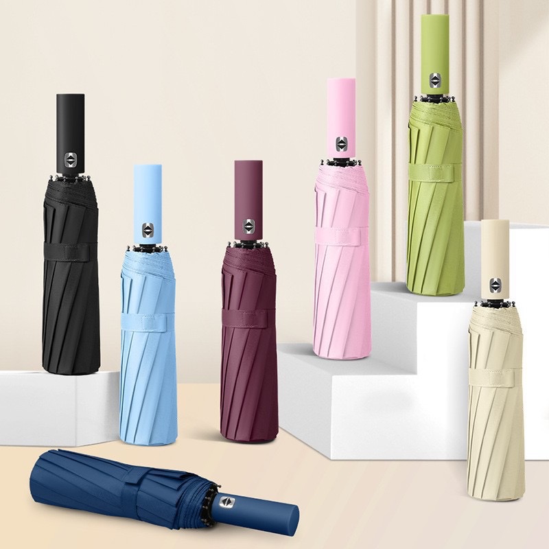 Wholesale of fully automatic umbrellas, 12-bone double keel black rubber all-weather umbrellas, three-fold advertising logo sunshade umbrella gift box