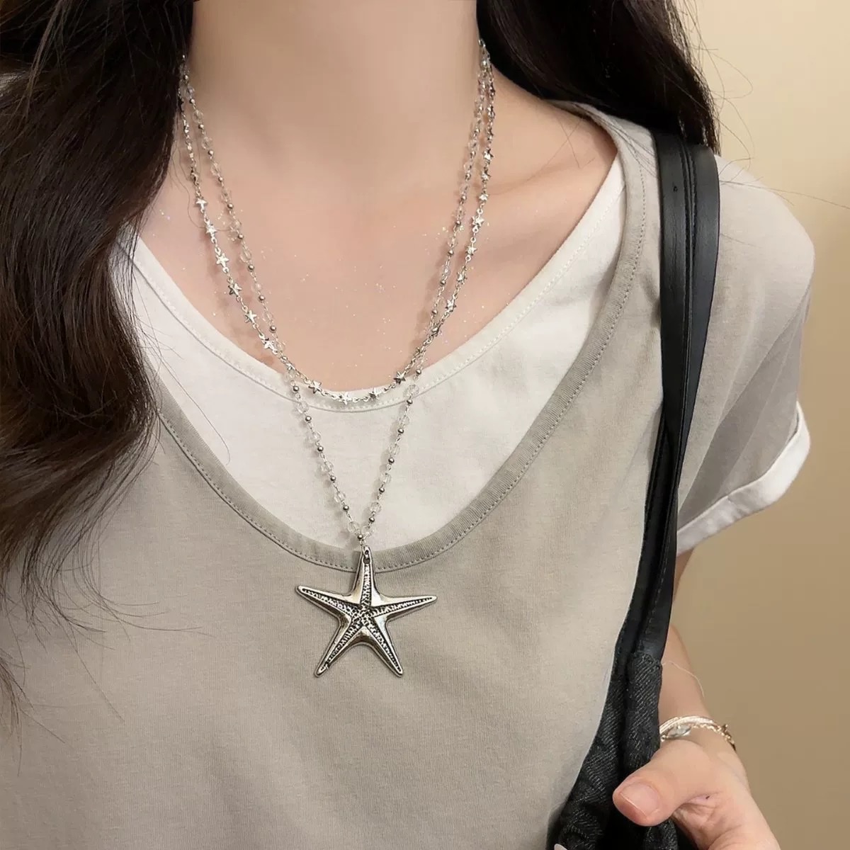 Shiluoqi Accessories Sweet and cool style crystal beaded starfish necklace for women autumn and winter double-layer layered neckchain, light luxury and high-end long sweater chain necklace Specification image