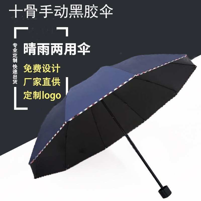 Ten-bone manual black rubber sun umbrella, large and extra-large umbrella, folding sun umbrella, all-weather and all-weather advertising umbrella detail image 1