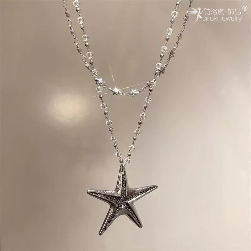 Shiluoqi Accessories Sweet and cool style crystal beaded starfish necklace for women autumn and winter double-layer layered neckchain, light luxury and high-end long sweater chain necklace