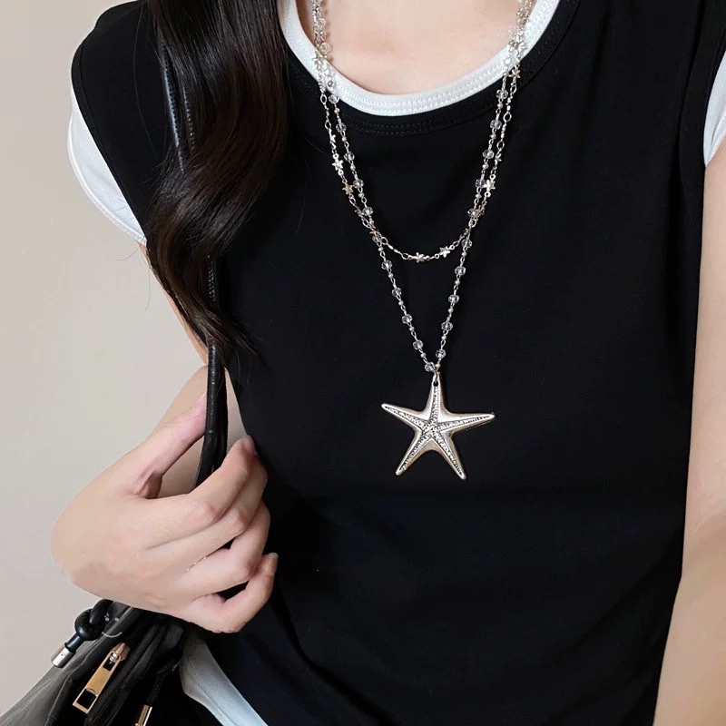 Shiluoqi Accessories Sweet and cool style crystal beaded starfish necklace for women autumn and winter double-layer layered neckchain, light luxury and high-end long sweater chain necklace Item Picture