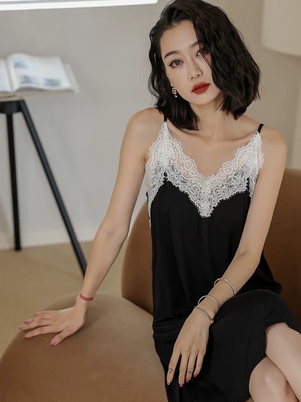 黑色蕾丝露背吊带睡裙女夏季凉感大码家居服性感带胸垫中长款详情图1