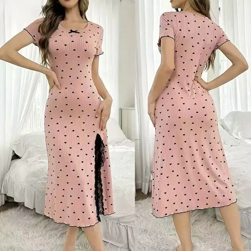 Wow, custom-made round-neck short-sleeved heart-shaped nightgown for women, large-sized slit, mid-length, slimming and flattering detail image 1