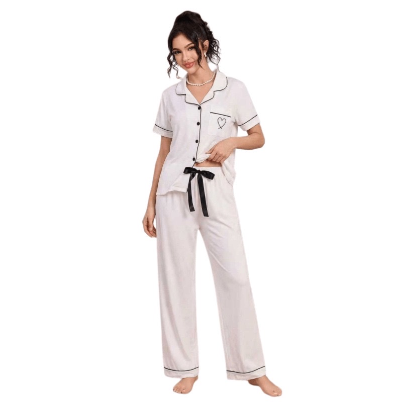 Amazon European and American home wear sets, lapel cardigans, short-sleeved shirts, long pants, heart-shaped embroidered pajamas, women's independent foreign trade station details Picture