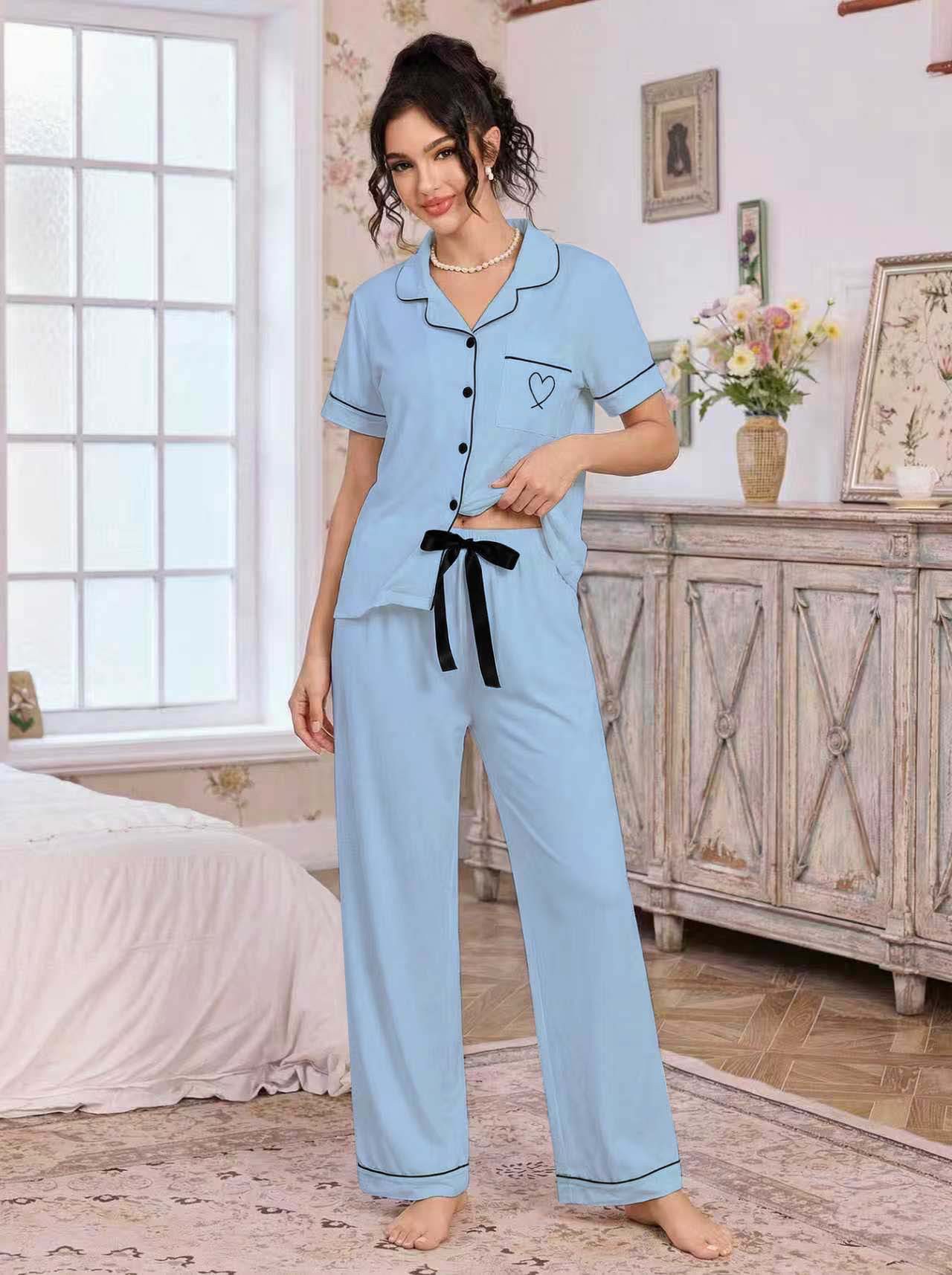 Amazon European and American home wear sets, lapel cardigans, short-sleeved shirts, long pants, heart-shaped embroidered pajamas, women's independent foreign trade station detail image 2