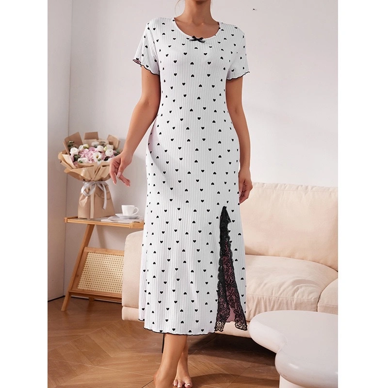 Wow, custom-made round-neck short-sleeved heart-shaped nightgown for women, large-sized slit, mid-length, slimming and flattering detail image 5