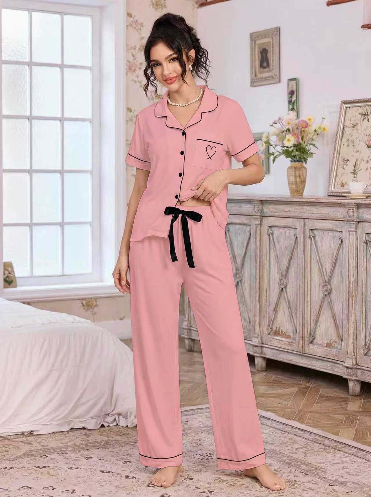 Amazon European and American home wear sets, lapel cardigans, short-sleeved shirts, long pants, heart-shaped embroidered pajamas, women's independent foreign trade station Item Picture