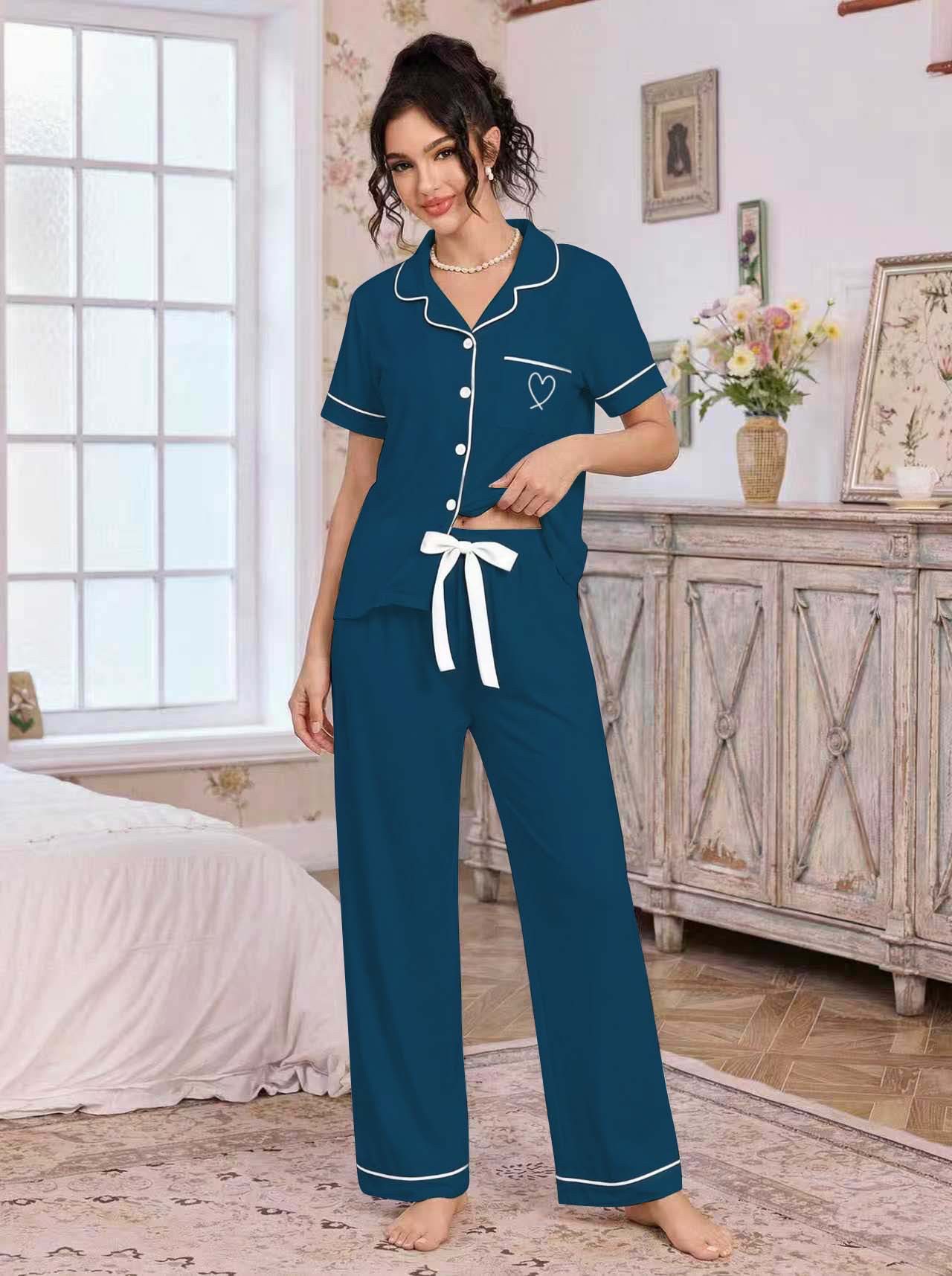 Amazon European and American home wear sets, lapel cardigans, short-sleeved shirts, long pants, heart-shaped embroidered pajamas, women's independent foreign trade station Application Scenario