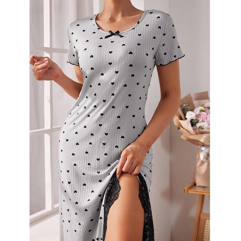 Wow, custom-made round-neck short-sleeved heart-shaped nightgown for women, large-sized slit, mid-length, slimming and flattering detail image 3