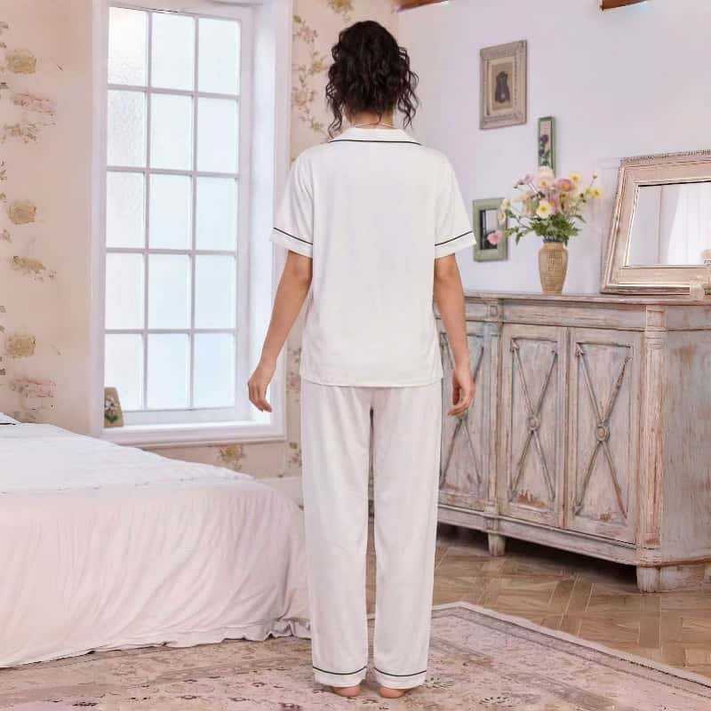 Amazon European and American home wear sets, lapel cardigans, short-sleeved shirts, long pants, heart-shaped embroidered pajamas, women's independent foreign trade station detail image 8