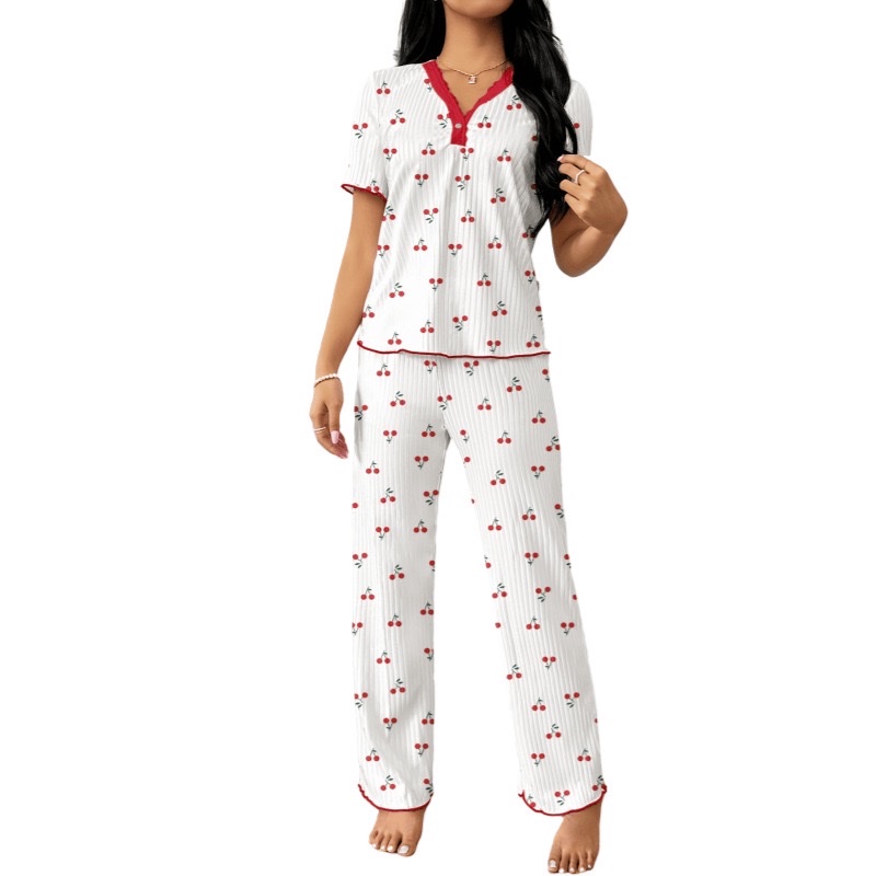 European and American cross-border spring and autumn bestsellers printed short-sleeved shirts, long pants, pajamas, comfortable for women with wide legs, can be worn outside as women's home wear Item Picture