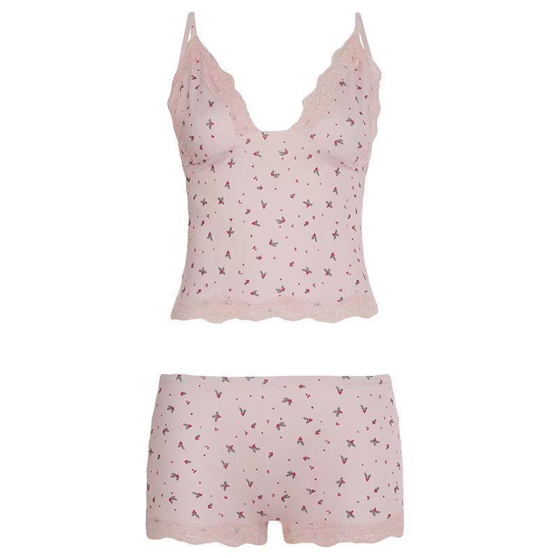Sexy and pure, lace small floral color contrast low-cut V-neck slimming small halter low-waisted shorts home set Item Picture