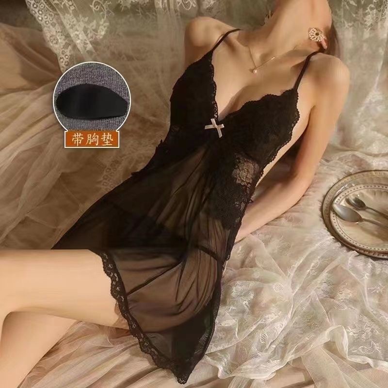 New high-end pure lace halter nightdress, plus-size casual couple see-through underwear detail image 1