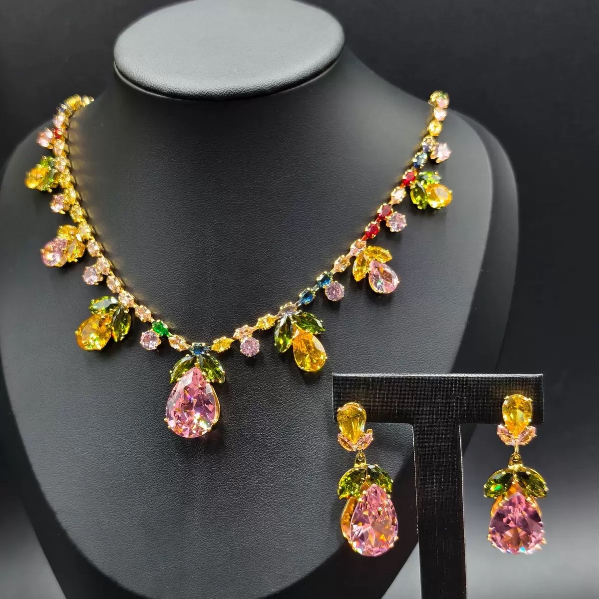 High-end heavy industry crystal zircon necklace and earring set, cross-border jewelry set