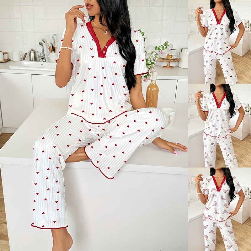 European and American cross-border spring and autumn bestsellers printed short-sleeved shirts, long pants, pajamas, comfortable for women with wide legs, can be worn outside as women's home wear