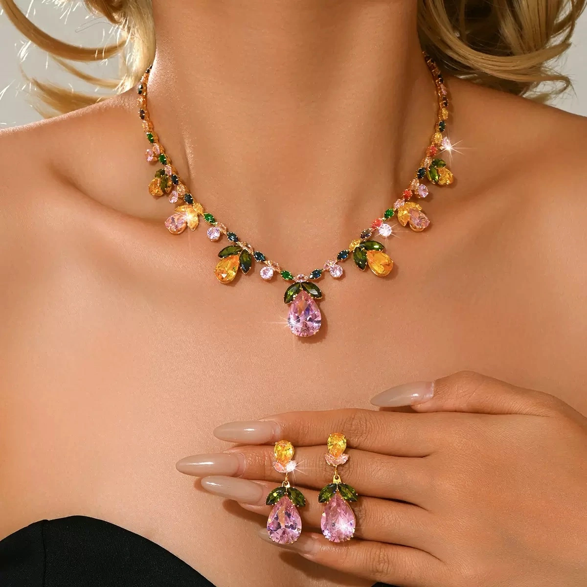 High-end heavy industry crystal zircon necklace and earring set, cross-border jewelry set detail image 8