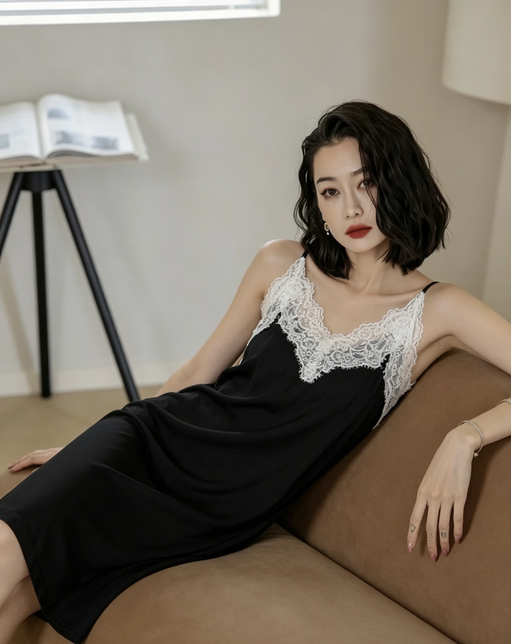 黑色蕾丝露背吊带睡裙女夏季凉感大码家居服性感带胸垫中长款详情图6