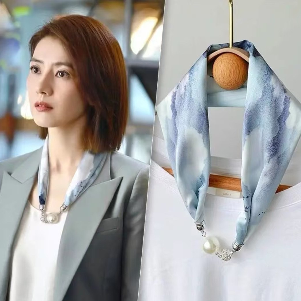 Bestseller ZZMS053# Pearl with Diamond magnetic clasp Necklace Silk Scarf detail image 3